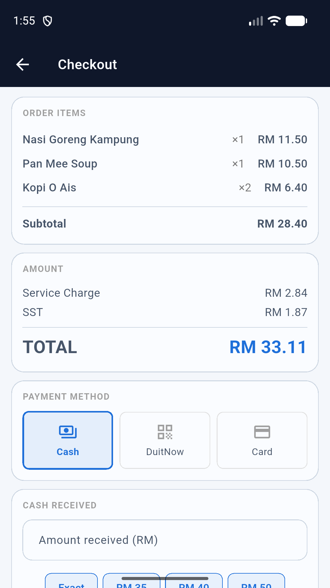 K POS actual phone checkout screen